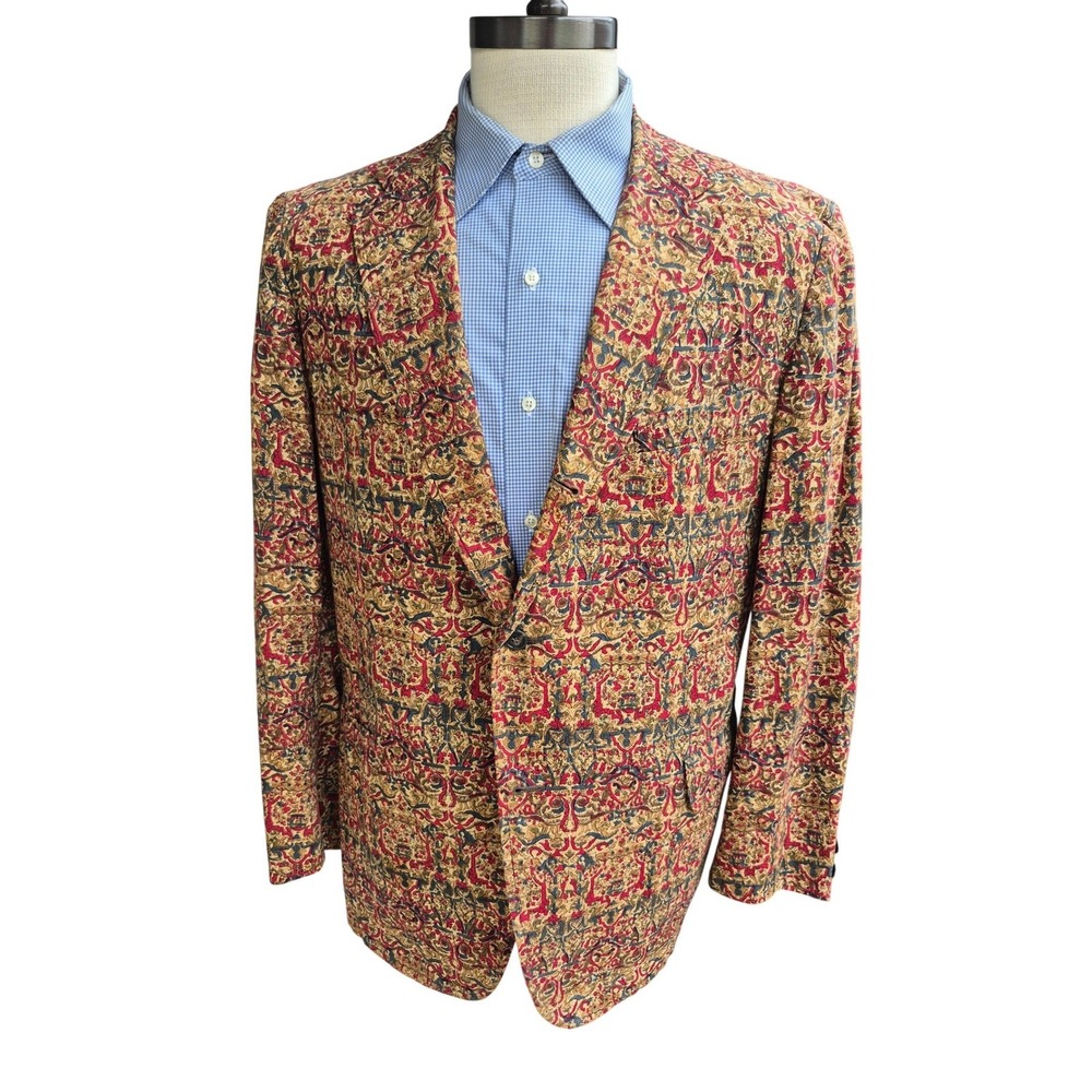 Vintage Massey's Charka Batik Blazer Mens Handwoven Tan Red Gold Sport Coat 43 R